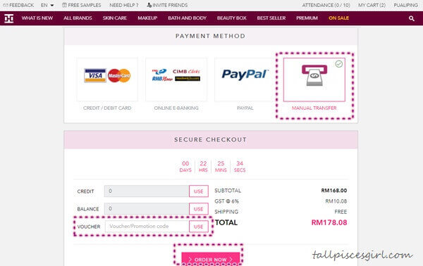 Hermo x MOLPay Step 5 - Choose Manual Transfer as payment method, key in Voucher Code and Order Now